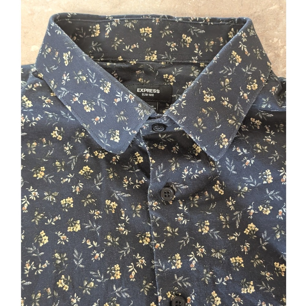 Express Mens Slim Fit Floral Ditsy Print Long Sleeve Button Down Shirt Blue XL‎